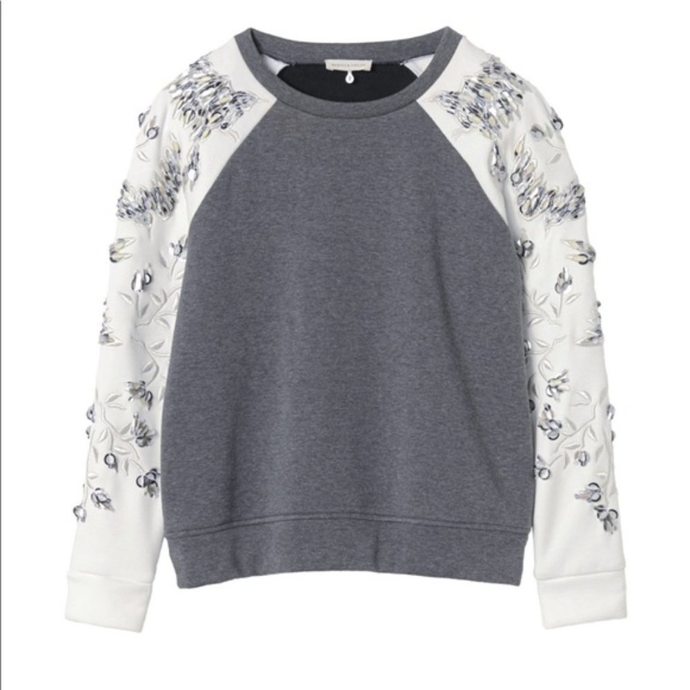 Rebecca Taylor Embroidered Sleeve Floral Pullover